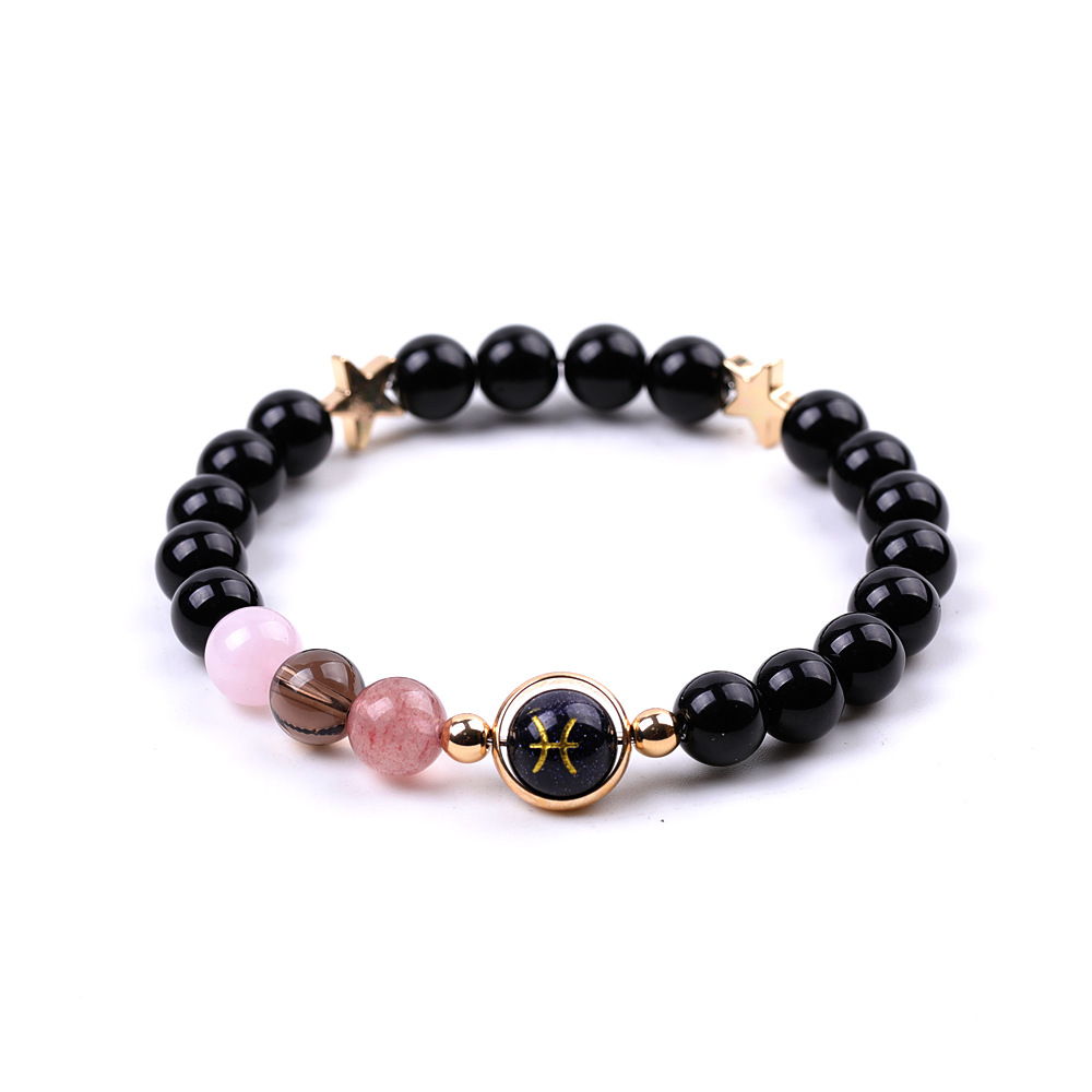 2:XH041A02 Pisces 3 Stones Mix and Match Golden Circle Stars Bright Blackstone Bracelet