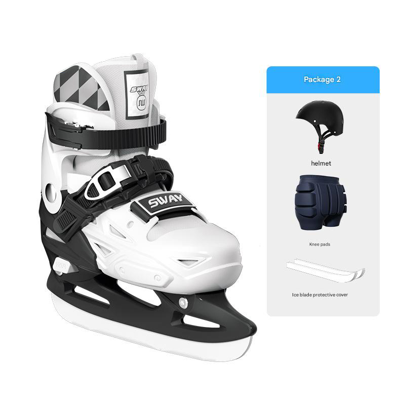 Black and white skate shoes   adjustable helmet   ski hip pads