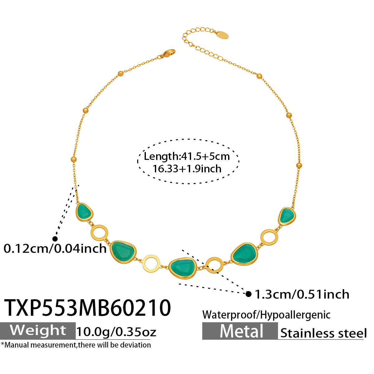 TXP553 Peacock Green Glass Stone Necklace 41.5+5cm