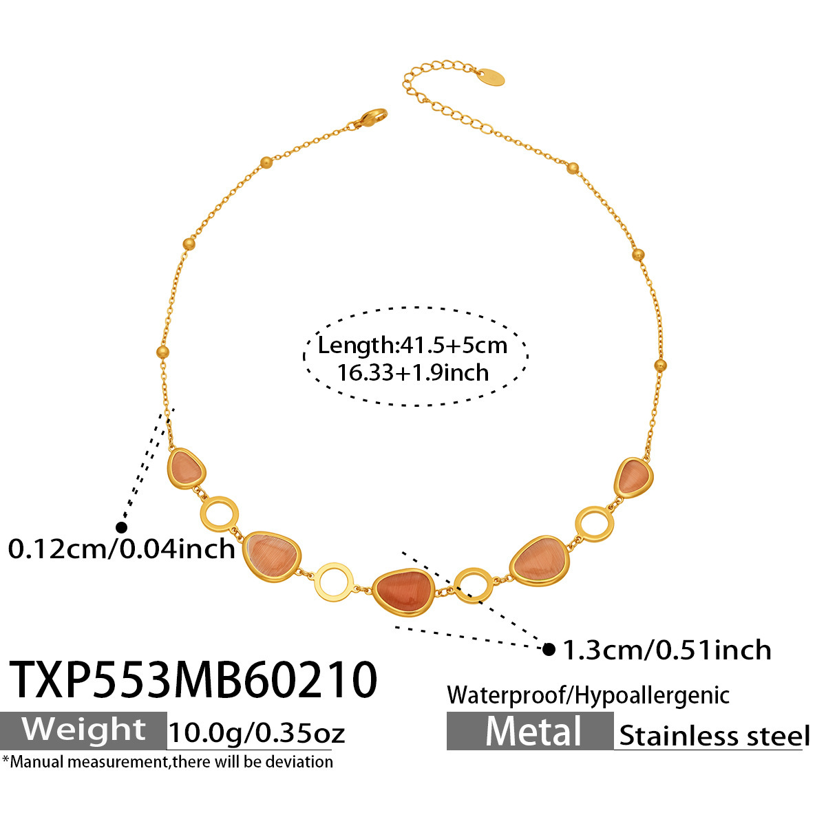 TXP553- Gold Orange Glass Stone Necklace 41.5+5cm
