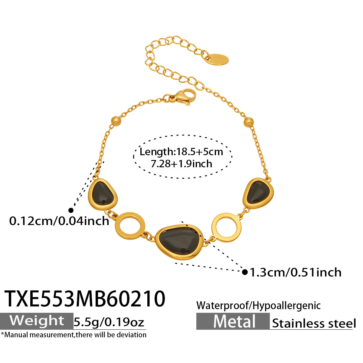 TXE553- Gold Black Glass Stone Bracelet 18.5+5cm