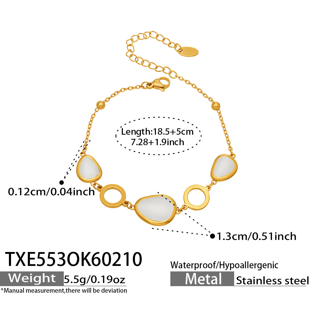 TXE553 Gold White Glass Stone Bracelet 18.5+5cm