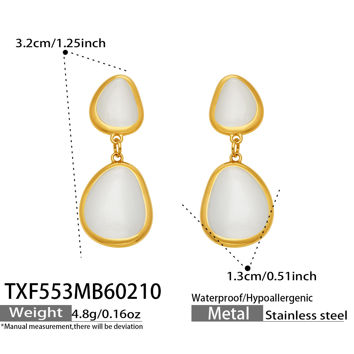TXF553- Gold White Glass Stone Earrings
