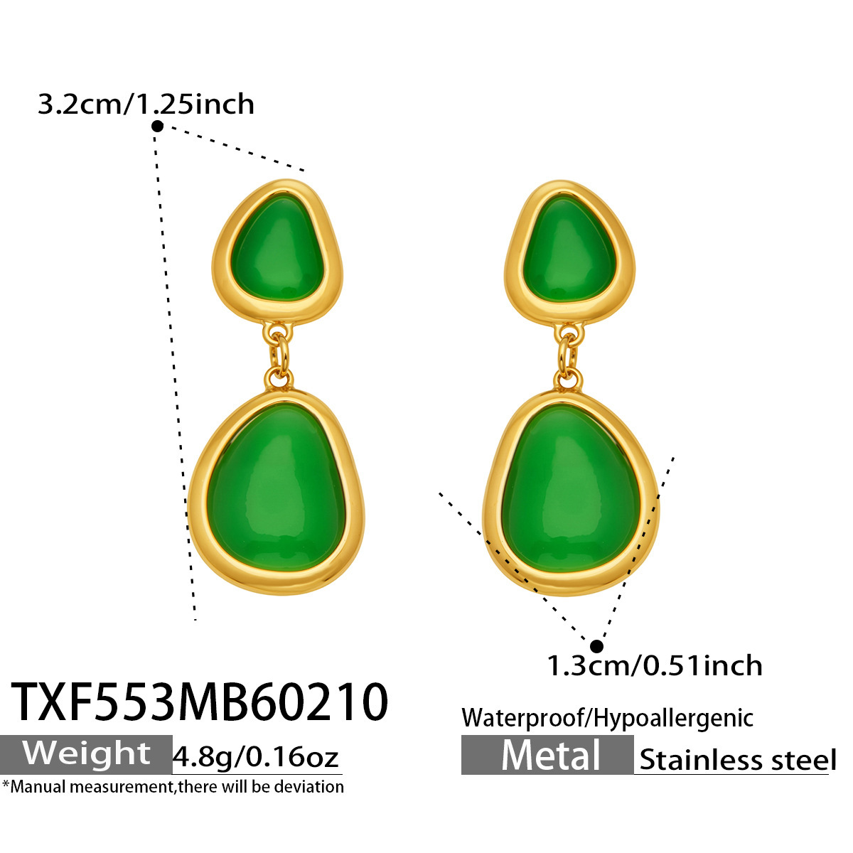 TXF553- Gold Green Glass Stone Earrings