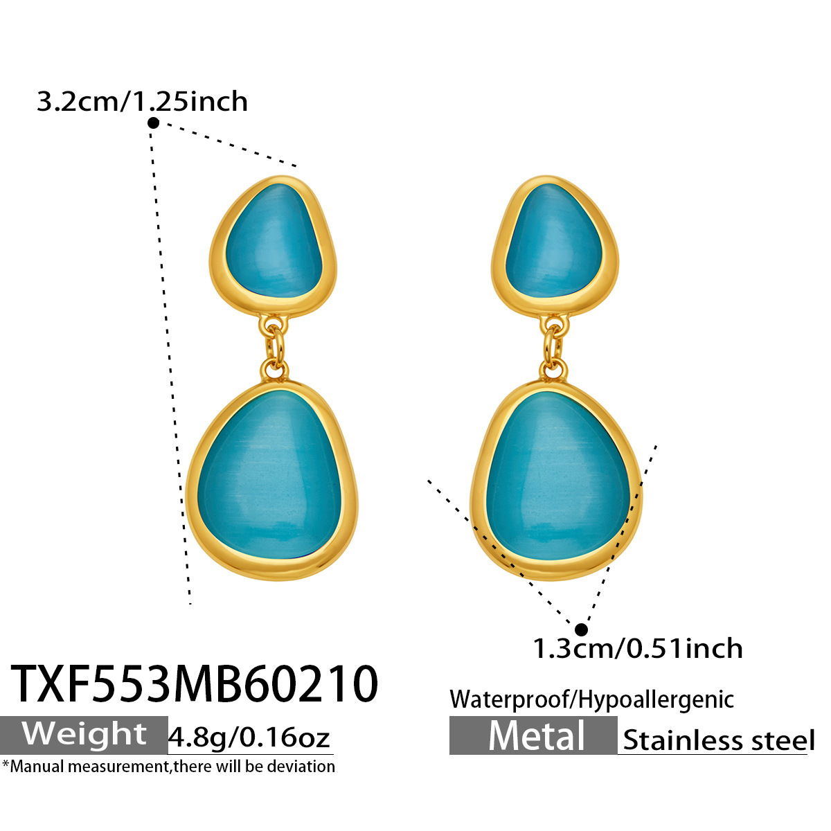 TXF553- Golden Lake Blue Glass Stone Earrings