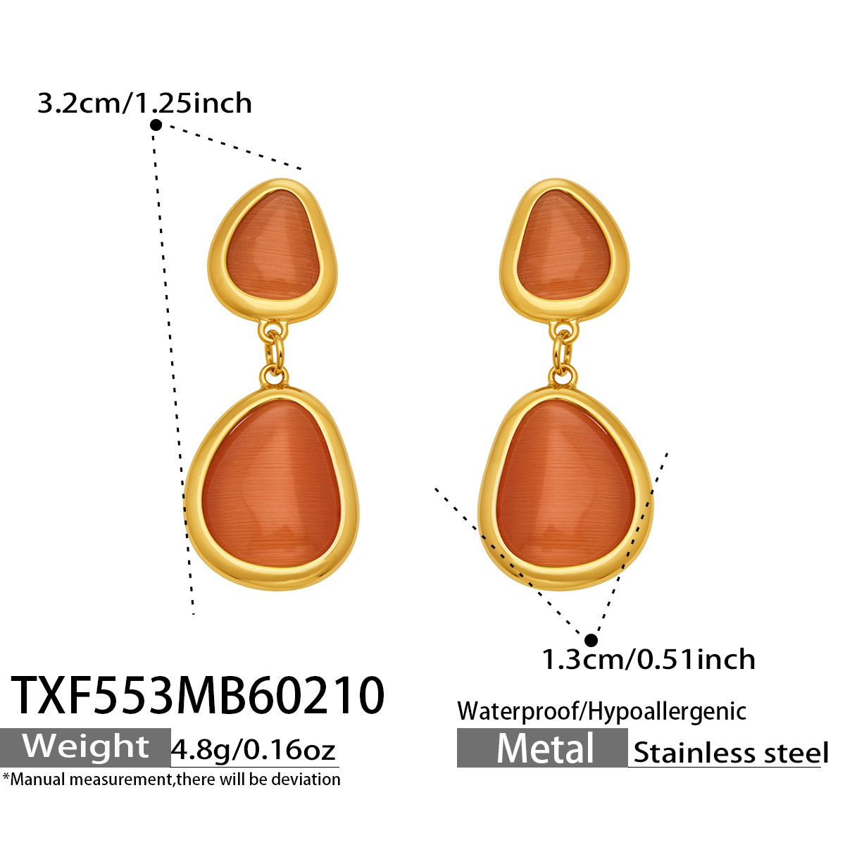 TXF553- Gold Orange Glass Stone Earrings