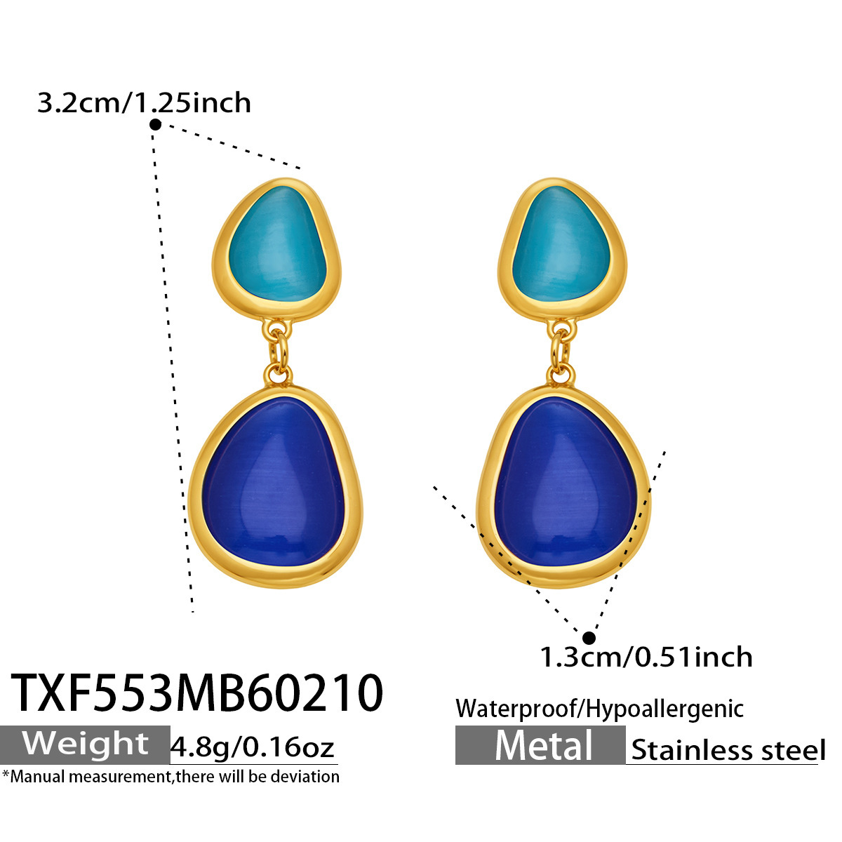 TXF553- Gold Blue Glazed Stone Earrings