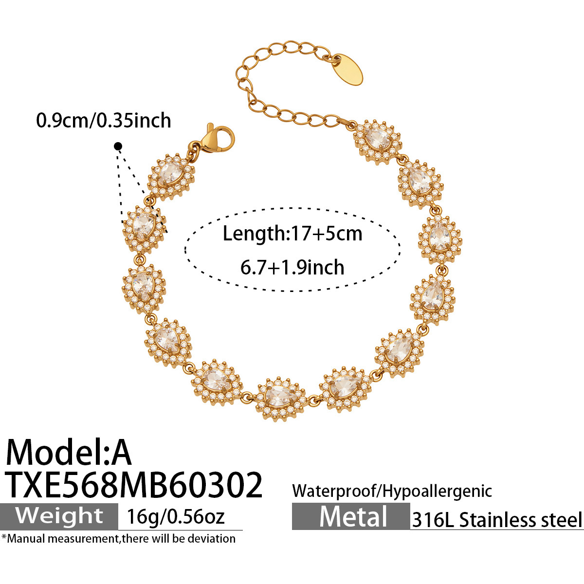 TXE568-A Golden Water Drop Bracelet 17+5cm