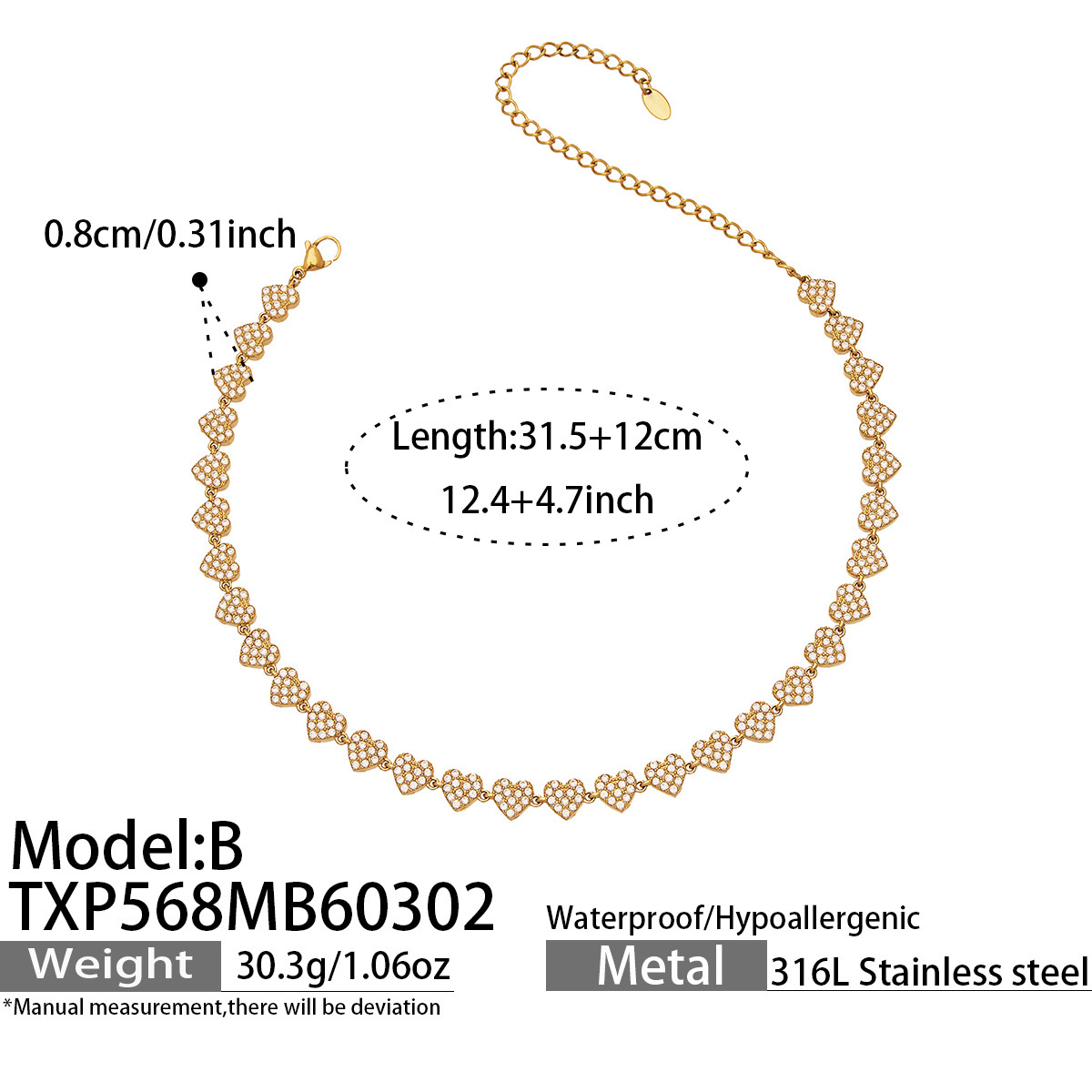 TXP568-B Golden Heart Necklace 31.5+12cm