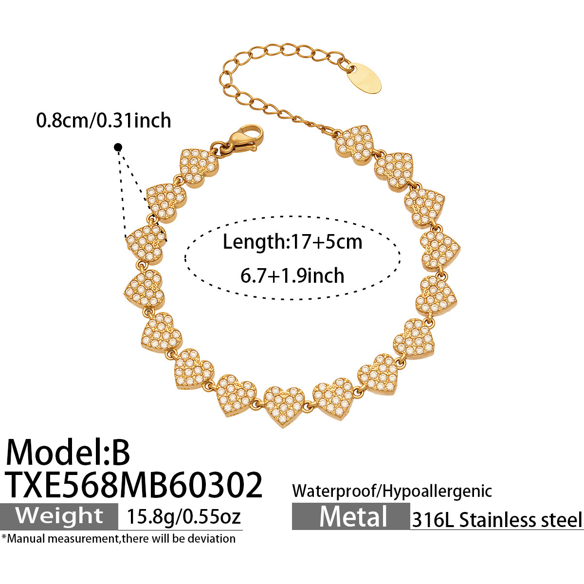TXE568-B Golden Heart Bracelet 17+5cm