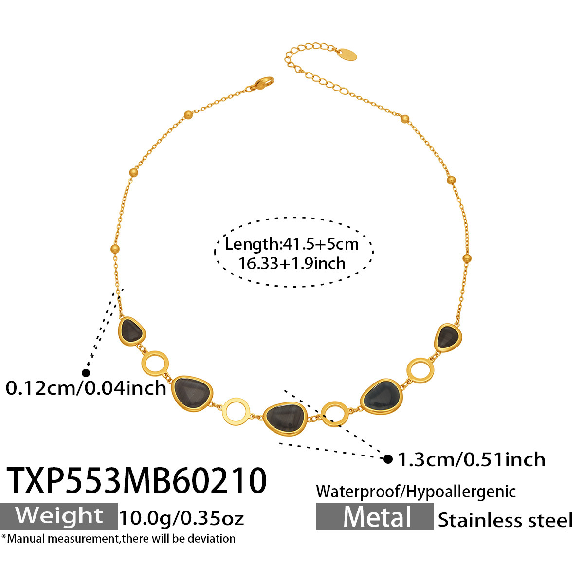 1:TXP553- Gold Black Glass Stone Necklace 41.5 plus 5cm