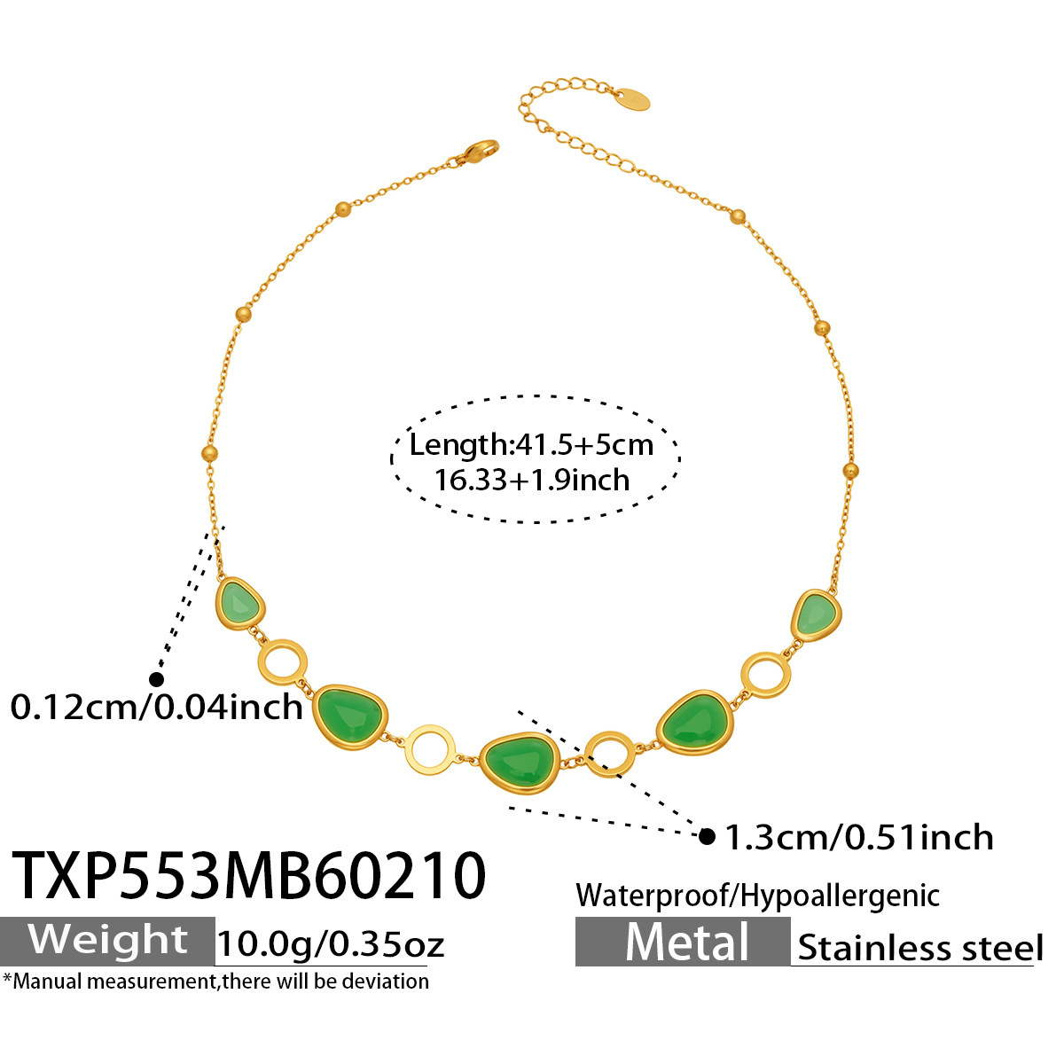 3:TXP553- Gold Green Glass Stone Necklace 41.5 plus 5cm