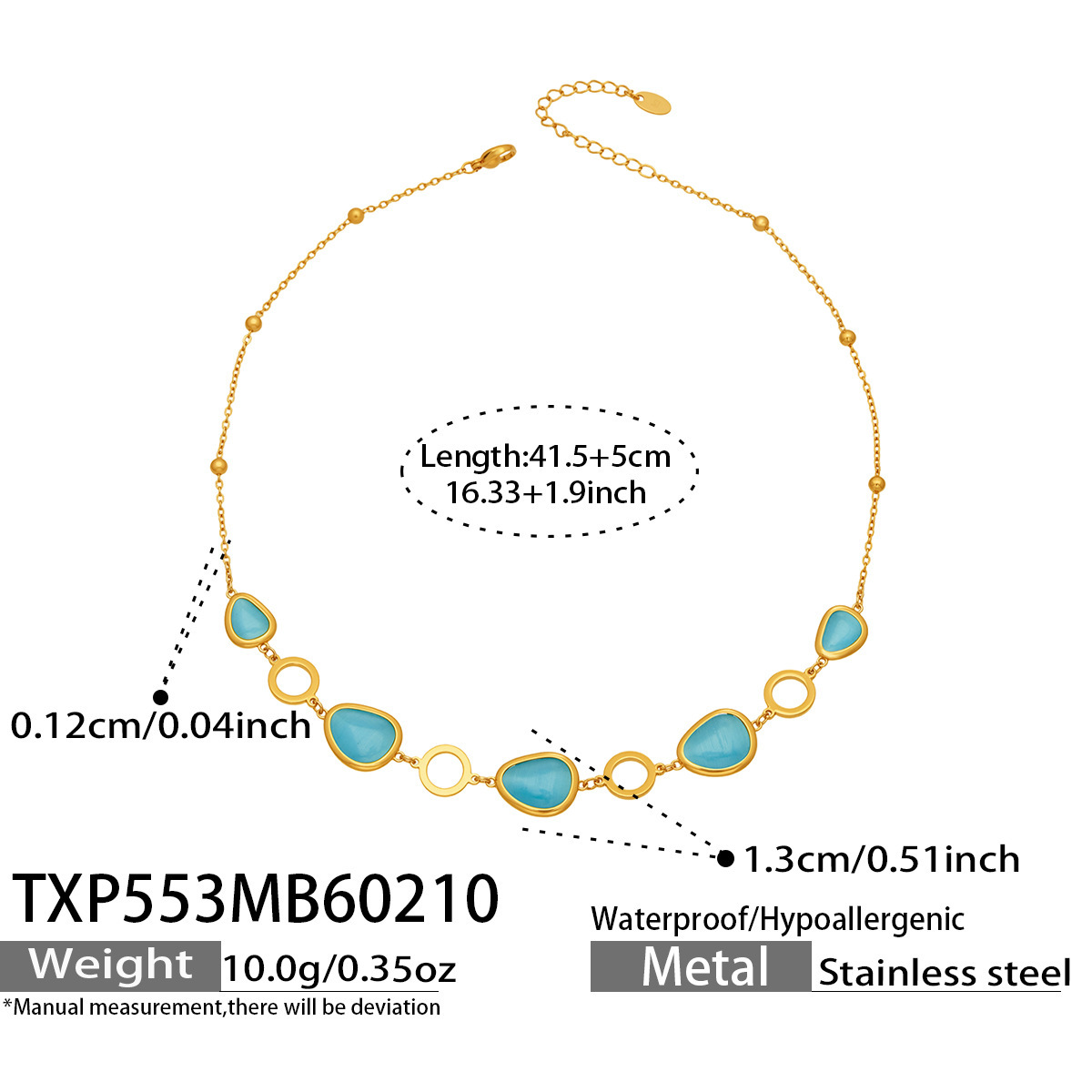 6:TXP553- Golden Lake Blue Glass Stone Necklace 41.5 plus 5cm