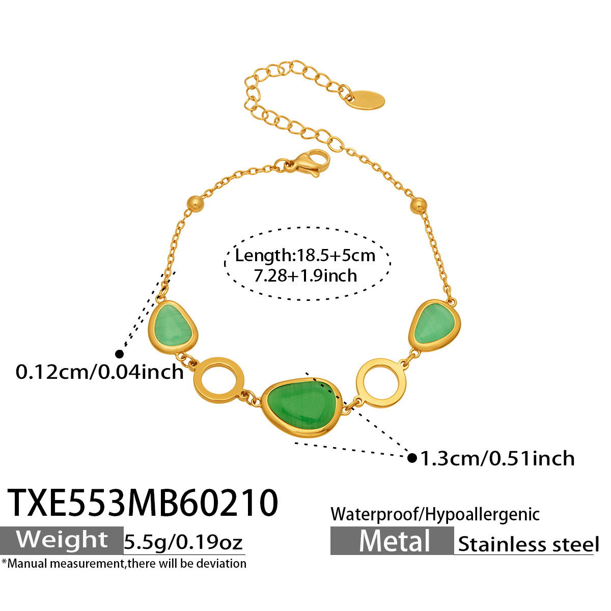 12:TXE553- Gold Green Glass Stone Bracelet 18.5 plus 5cm