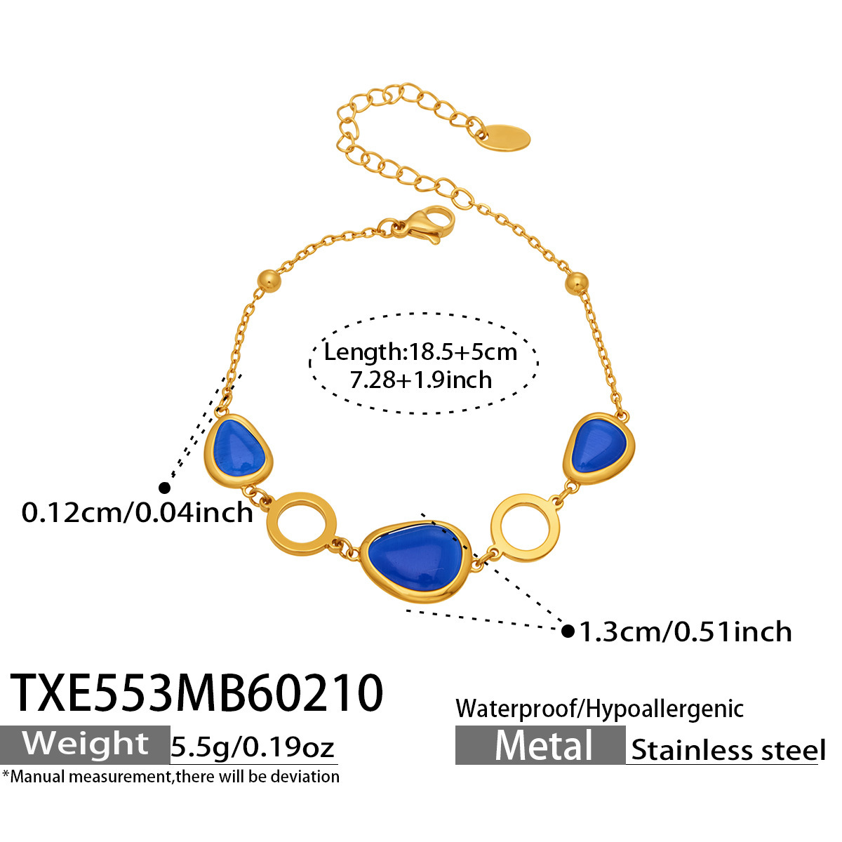13:TXE553- Gemstone Blue Glass Stone Bracelet 18.5 plus 5cm