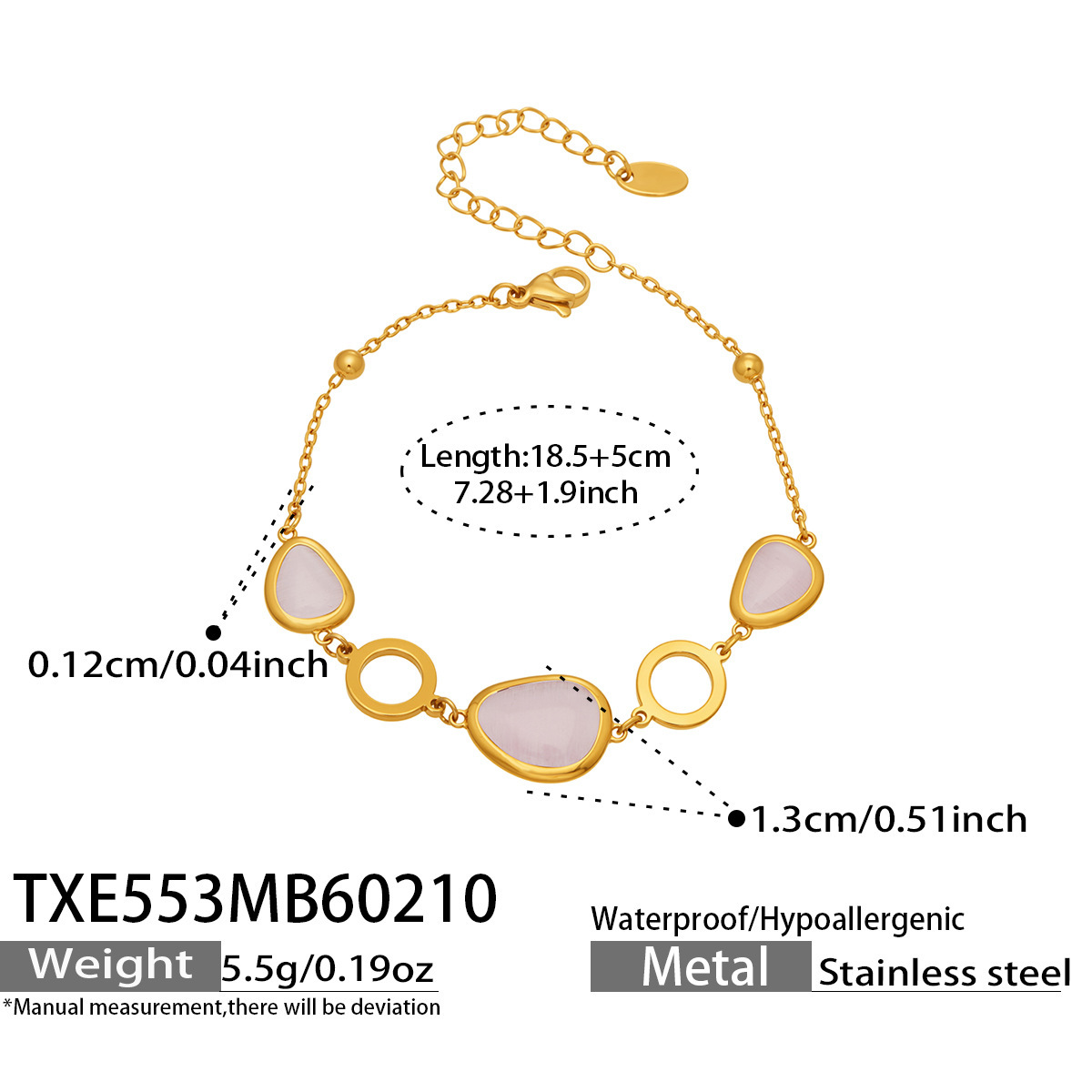 14:TXE553 Gold Pink Glass Stone Bracelet 18.5 plus 5cm