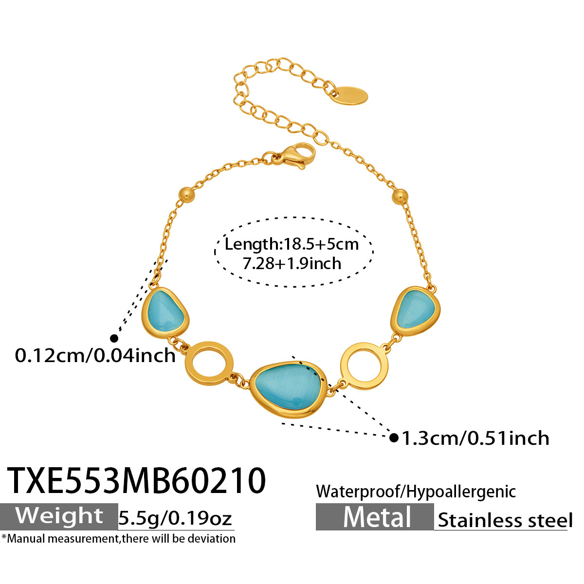 15:TXE553- Golden Lake Blue Glass Stone Bracelet 18.5 plus 5cm