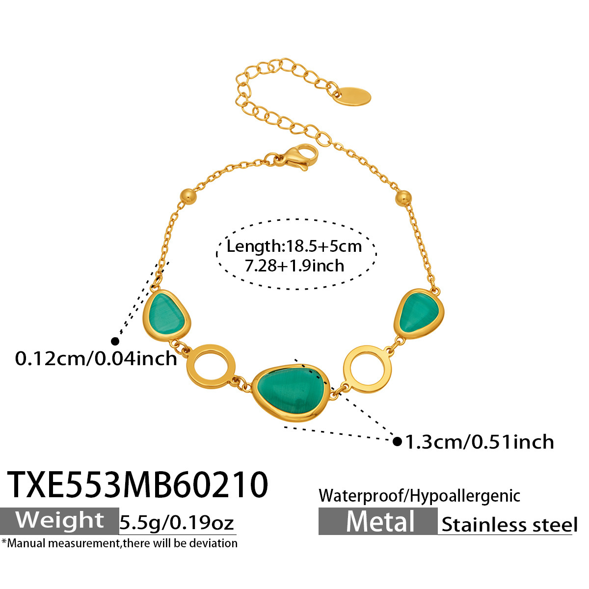 16:TXE553 Peacock Green Glass Stone Bracelet 18.5 plus 5cm