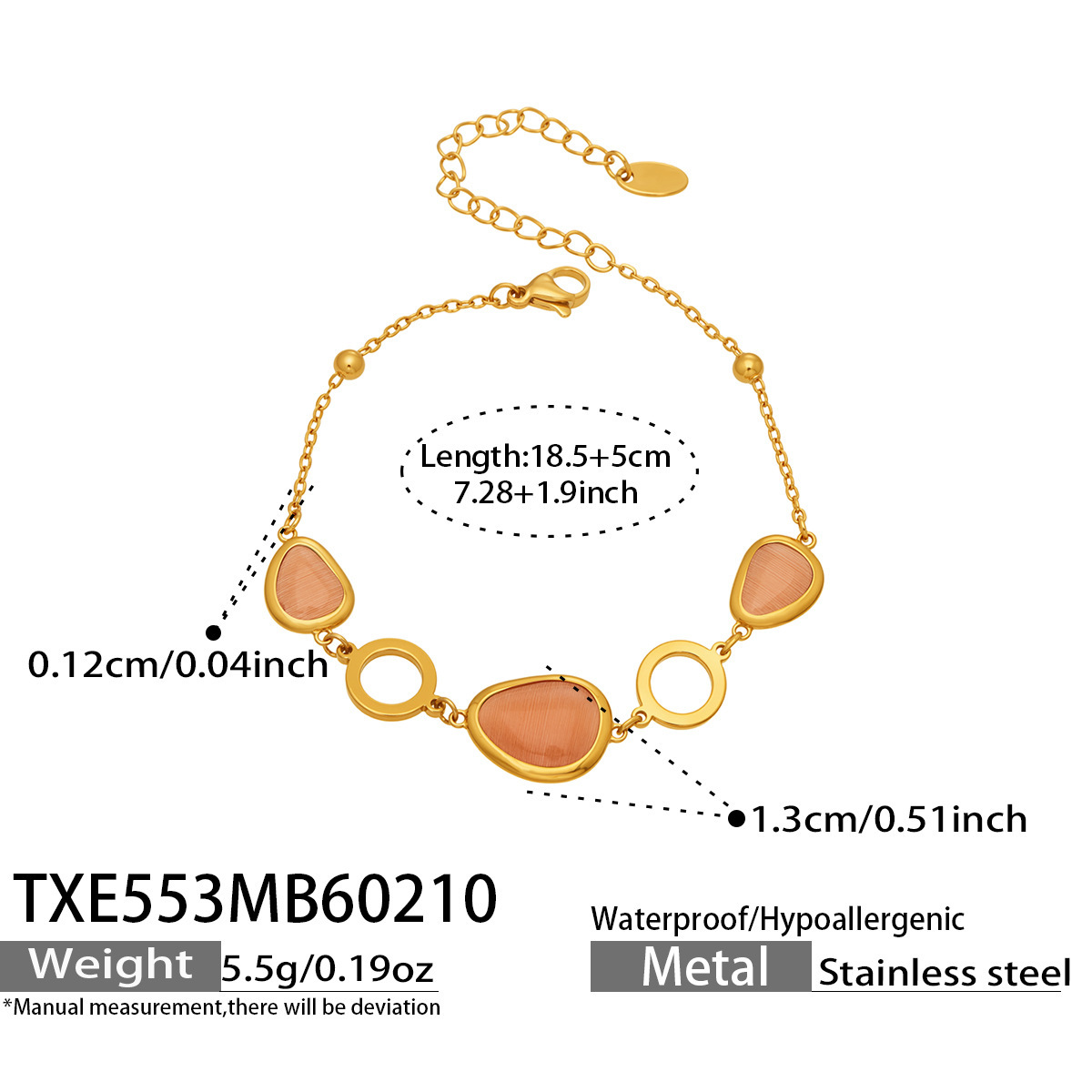 17:TXE553- Gold Orange Glass Stone Bracelet 18.5 plus 5cm