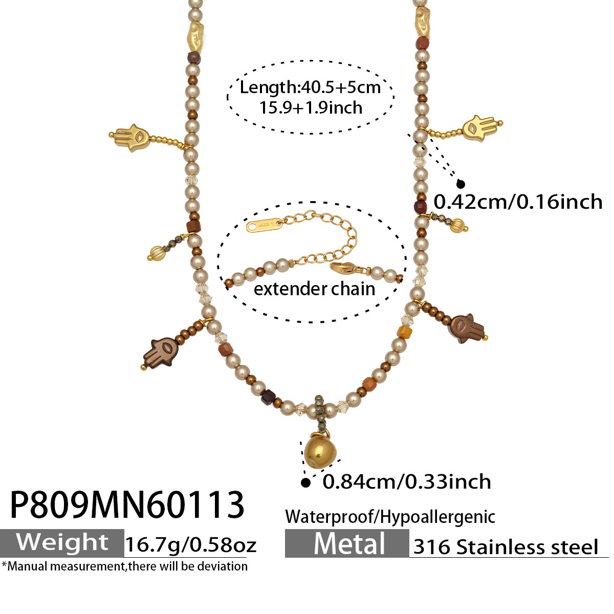 P809- Golden bead necklace 40.5+5cm