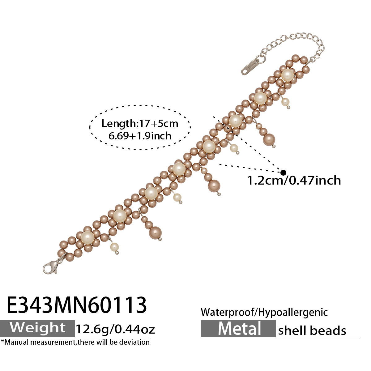 E343- Grey Pearl Bracelet 17+5cm