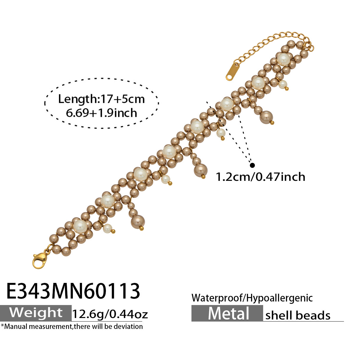 E343- Golden Pearl Bracelet 17+5cm