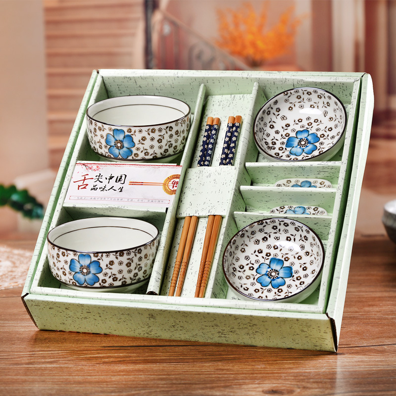 Hand-painted 8-piece set-rich blue (random color chopsticks holder)