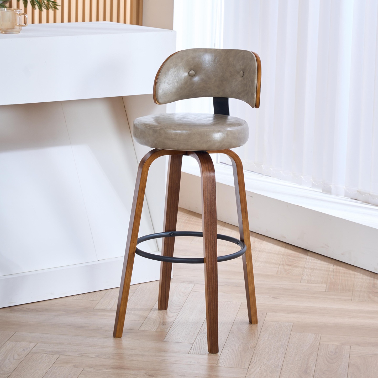 8 Walnut frame light gray leather