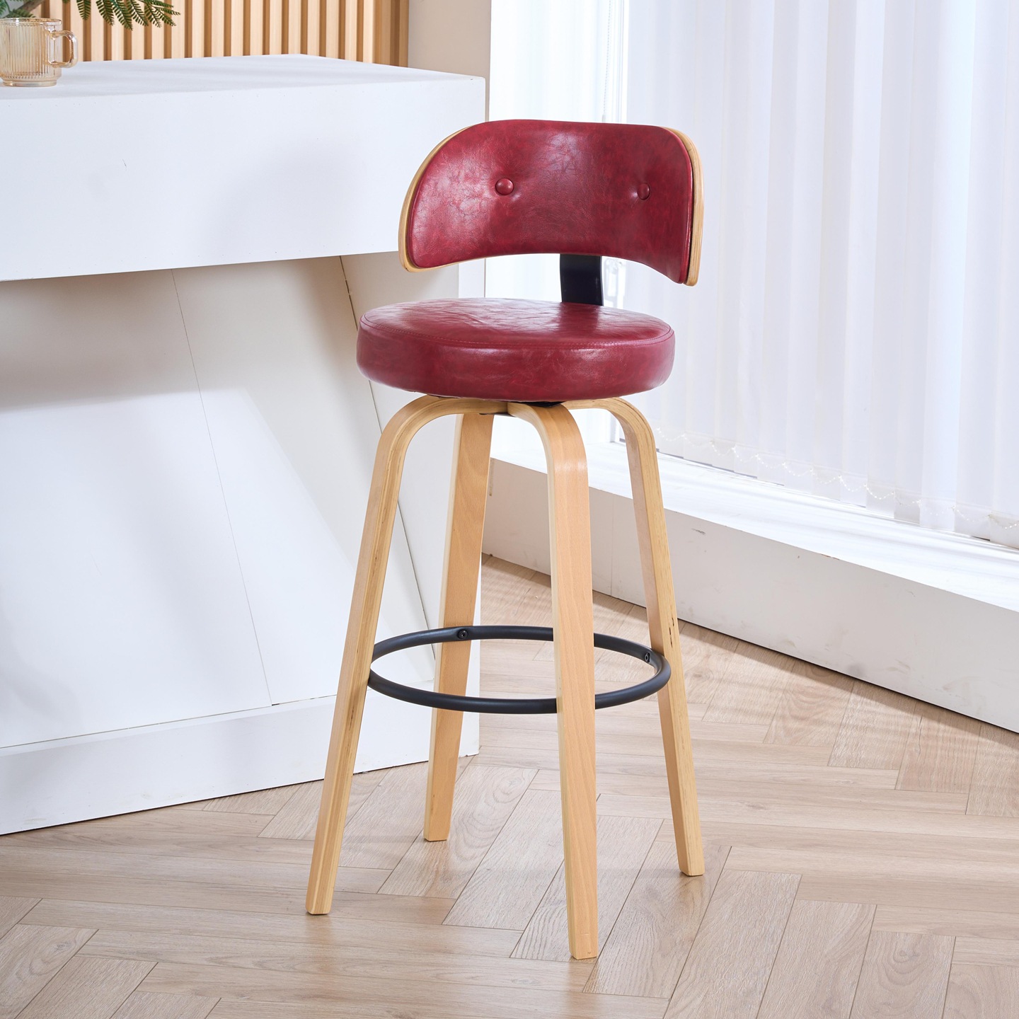 12 Natural wood frame with red leather