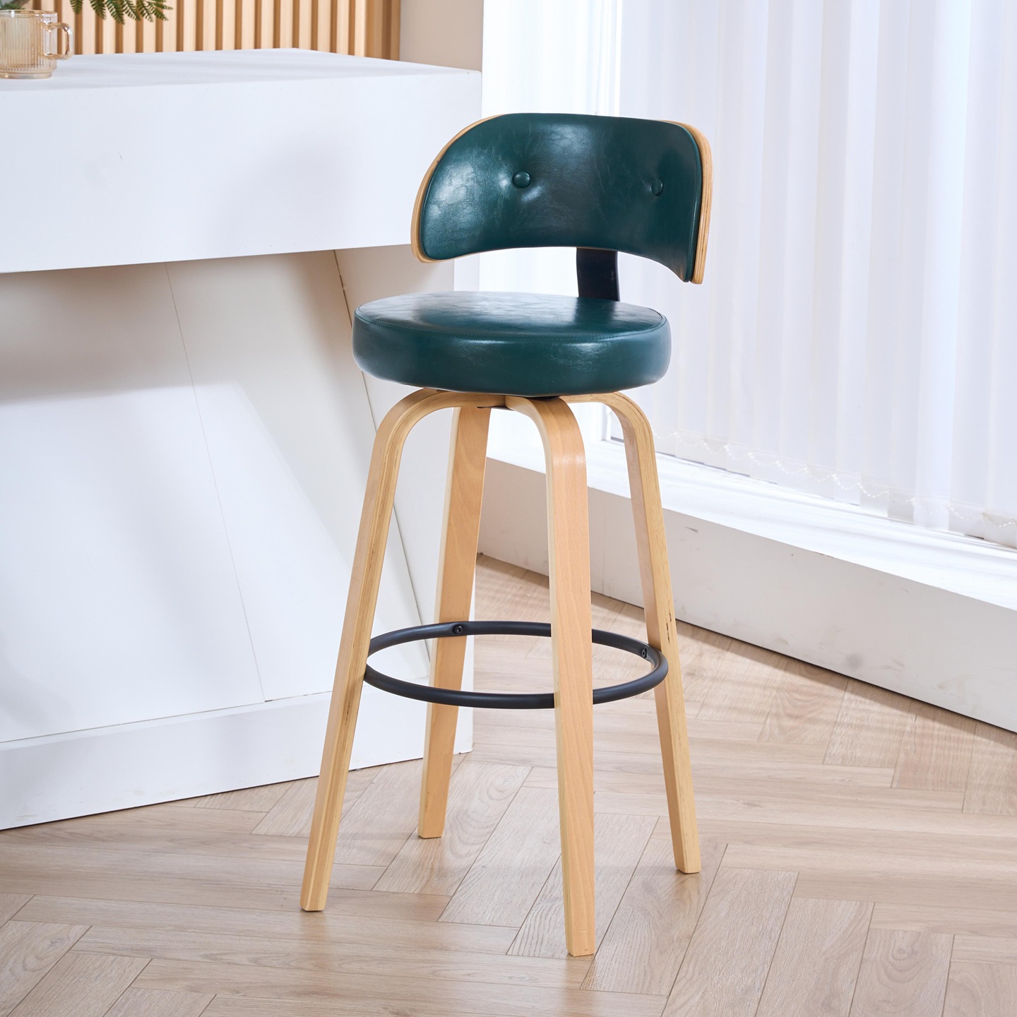 13 Natural wood frame, dark green leather
