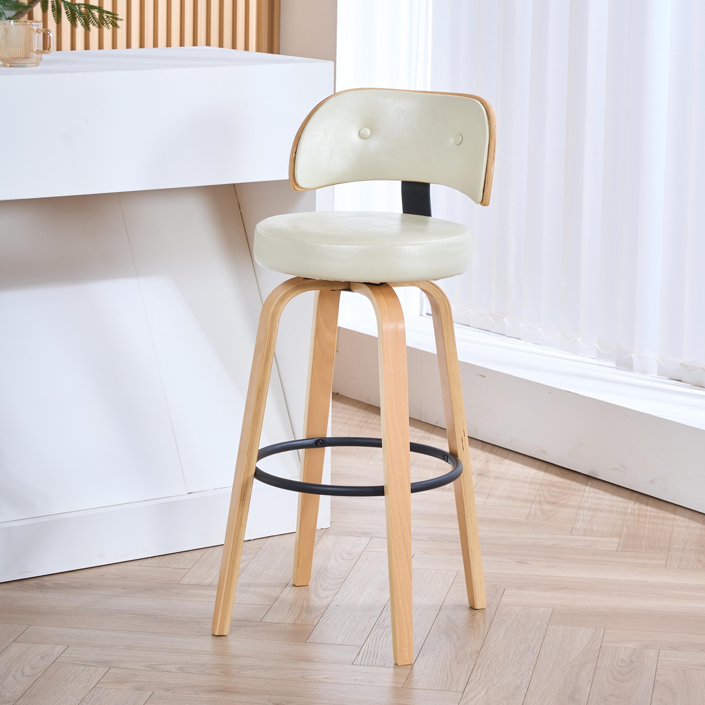 14 Natural wood frame, cream leather