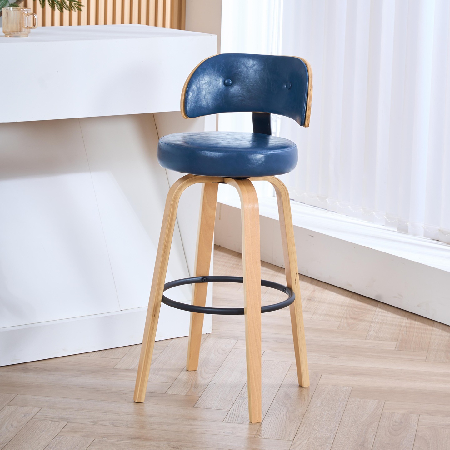 15 Natural wood frame, deep blue leather