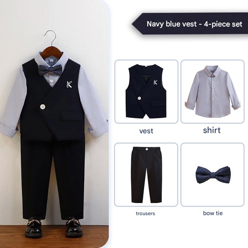 Navy blue vest 4-piece set (shirt   vest   trousers   bow tie)