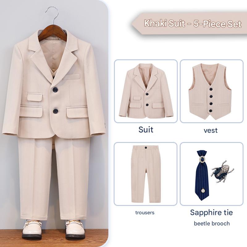 Khaki 5-piece set (jacket   vest   trousers   tie   brooch)