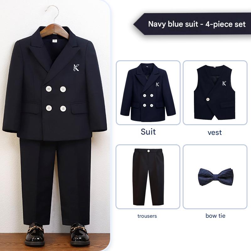Navy blue suit 4-piece set (jacket   vest   trousers   bow tie)