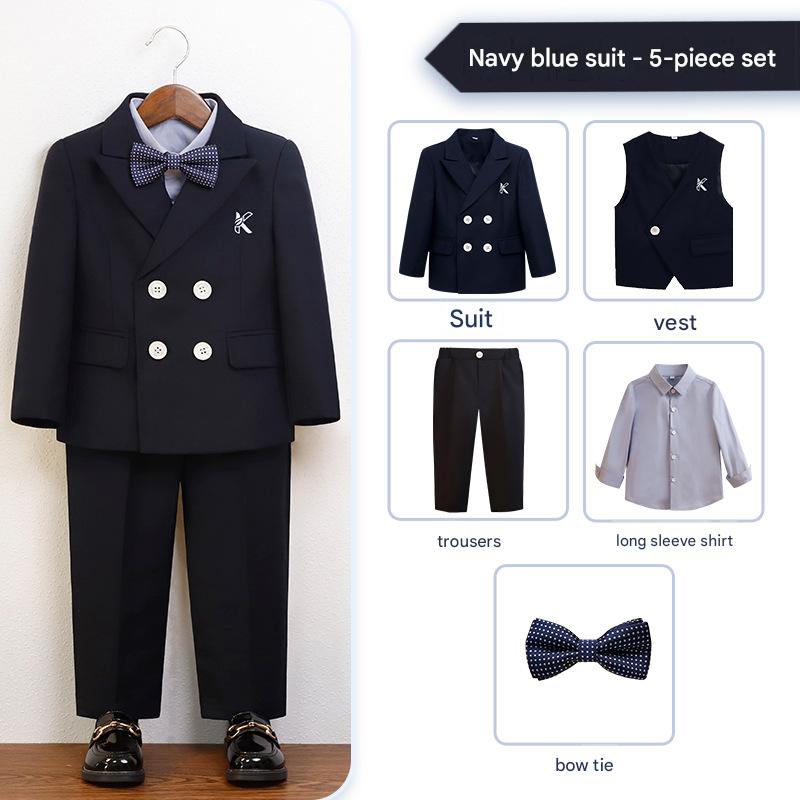 Navy blue suit 5-piece set (shirt   jacket   vest   trousers   bow tie)