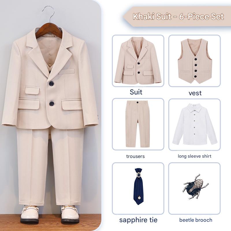 Khaki 6-piece set (shirt   jacket   vest   trousers   tie   brooch)