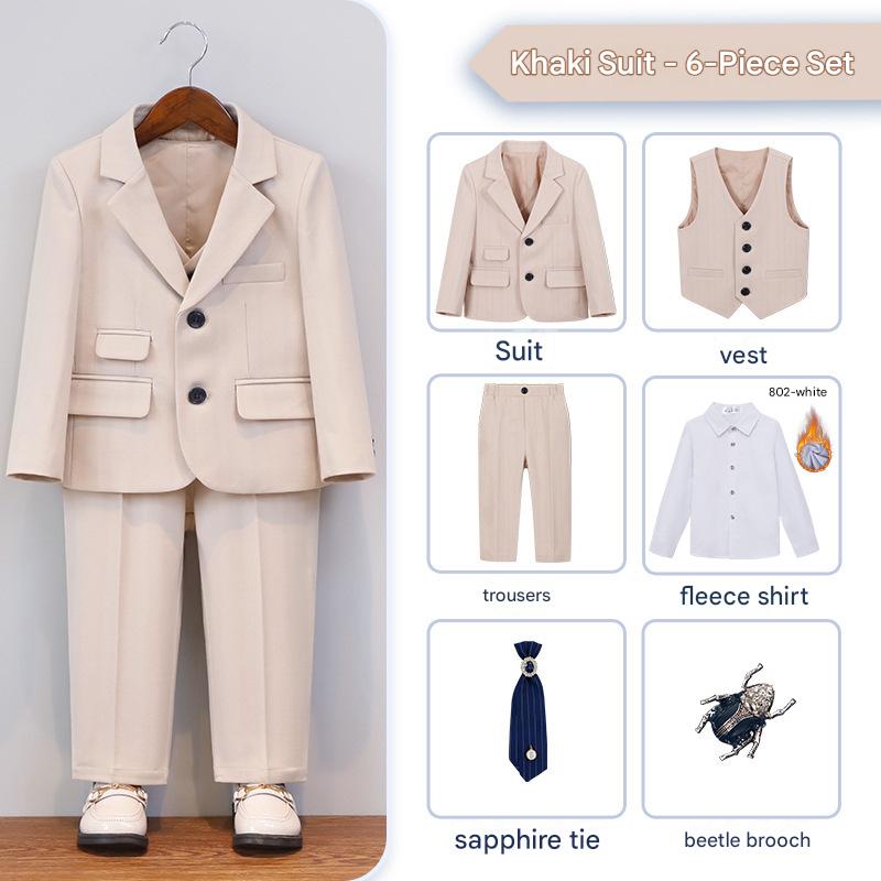 fleece-lined shirt khaki 6-piece set (fleece-lined shirt   jacket   vest   trousers   tie   brooch)