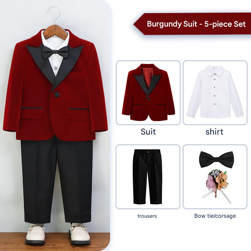Burgundy 5-piece set (shirt   jacket   trousers   bow tie   corsage)