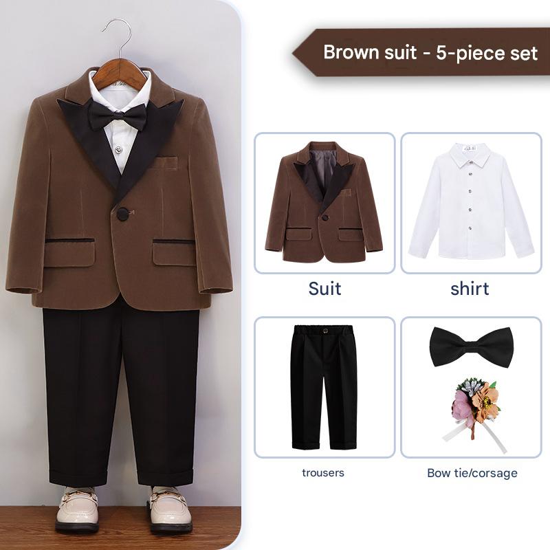 Brown 5-piece set (shirt   jacket   trousers   bow tie   corsage)