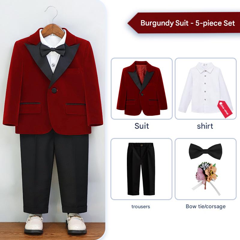 Burgundy 5-piece set (velvet shirt   jacket   trousers   bow tie   corsage)