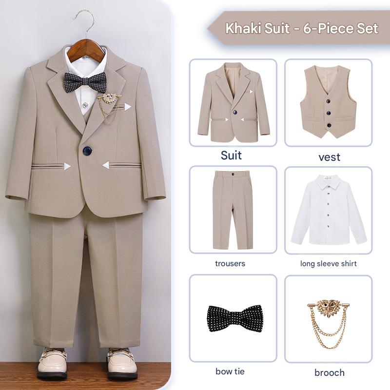 Khaki 6-piece set (shirt   jacket   vest   trousers   bow tie   brooch)
