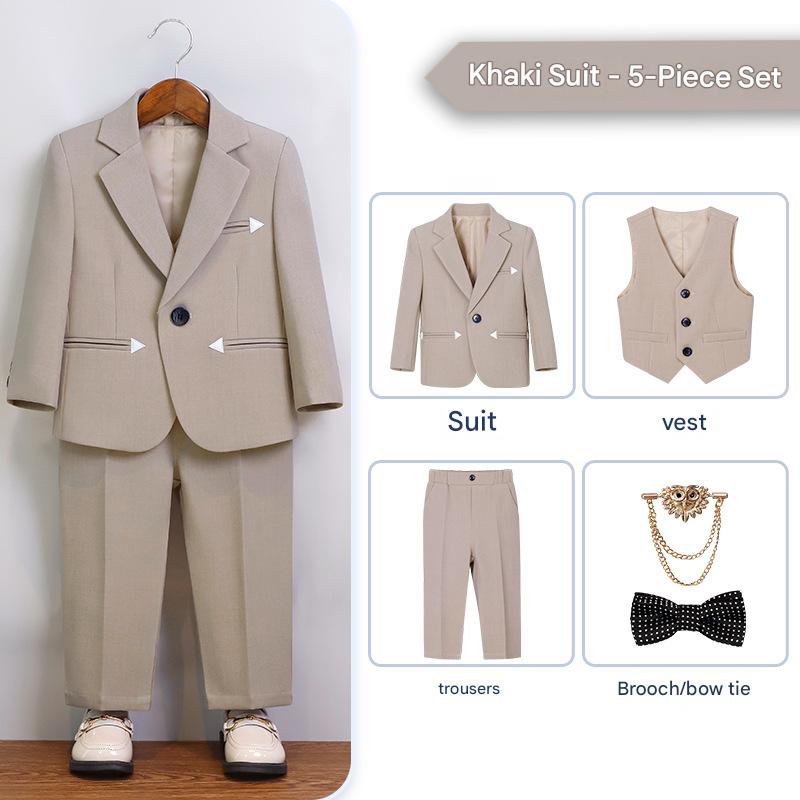 Khaki 5-piece set (jacket   vest   trousers   bow tie   brooch)