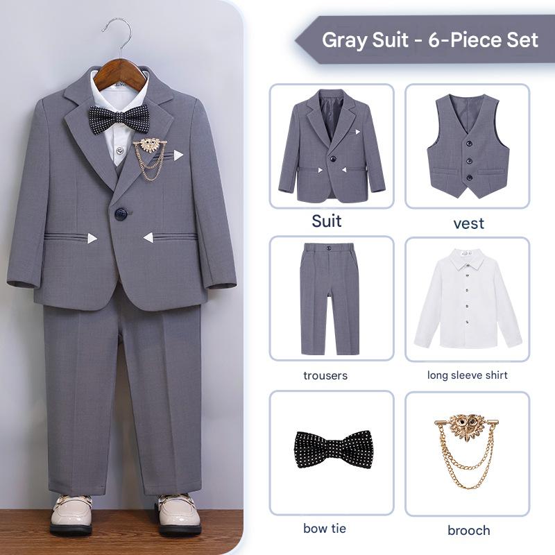 Gray 6-piece set (shirt   jacket   vest   trousers   bow tie   brooch)