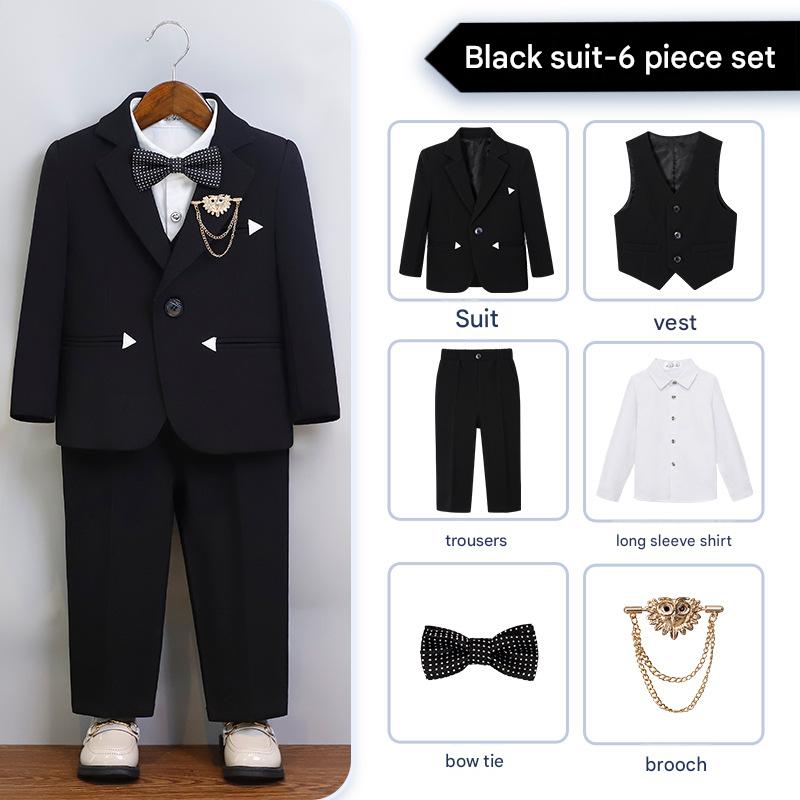 Black 6-piece set (shirt   jacket   vest   trousers   bow tie   brooch)
