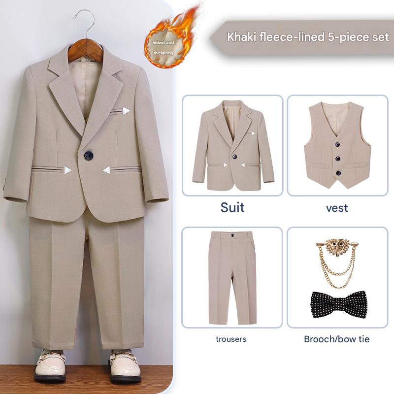[full set plus velvet] khaki 5-piece set (jacket   vest   trousers   bow tie   brooch)