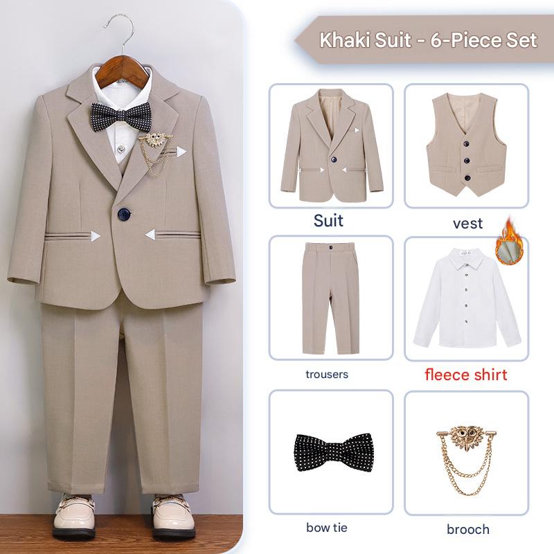 [fleece shirt] khaki 6-piece set (fleece shirt   jacket   vest   trousers   bow tie   brooch)
