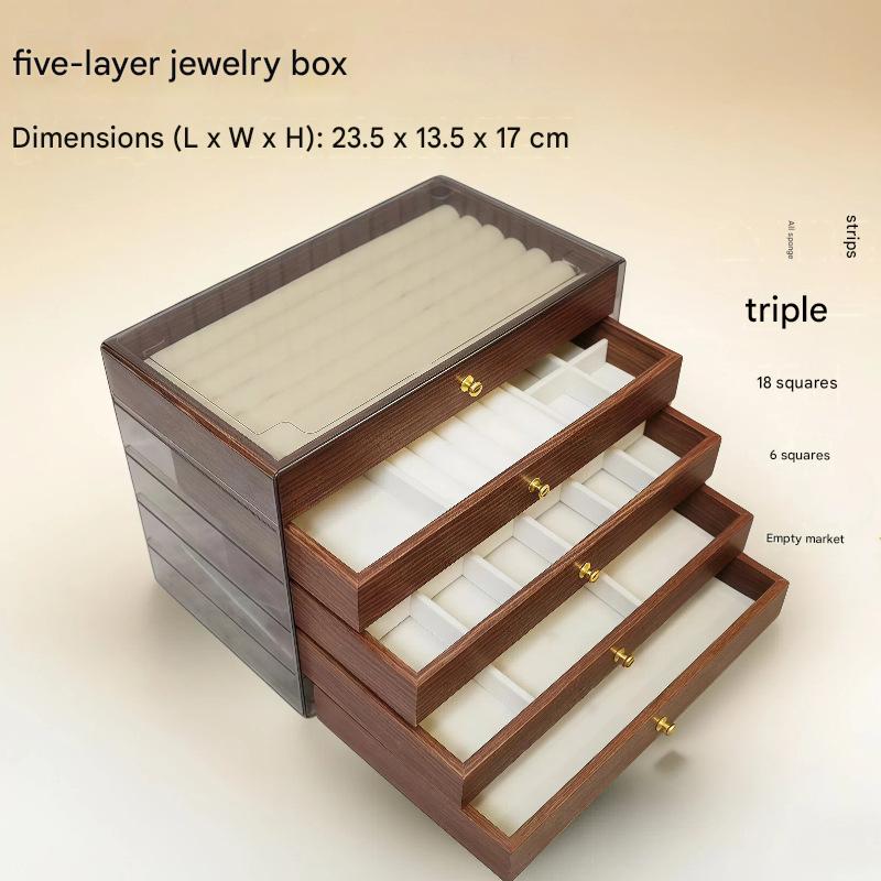 Walnut grain five-layer jewelry box [full sponge strip]; 23.5*13.5*17cm