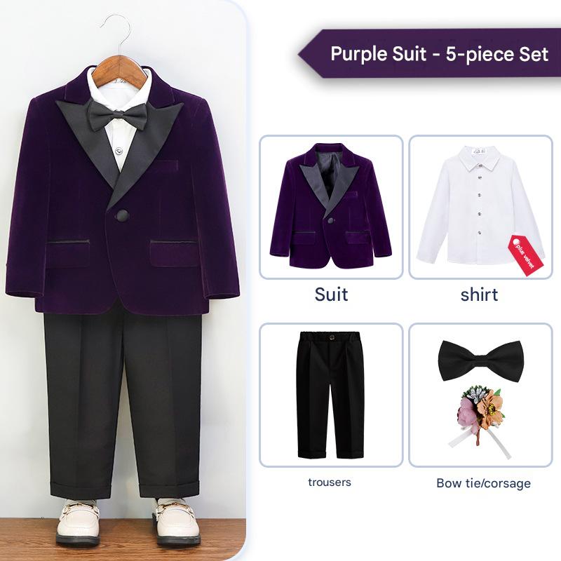 Purple 5-piece set (velvet shirt   jacket   trousers   bow tie   corsage)