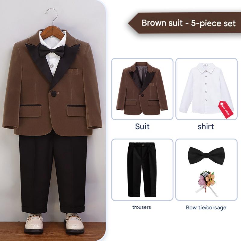 Brown 5-piece set (velvet shirt   jacket   trousers   bow tie   corsage)